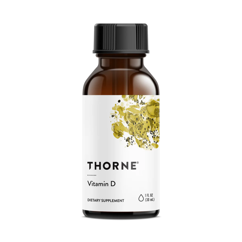 A Supplement bottle with the name  Vitamin D Liquid by Thorne.