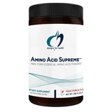 A supplement white supplement container that says designs for health amino acid supreme ree form essential amino acid powder dietary supplement fruit punch flavour