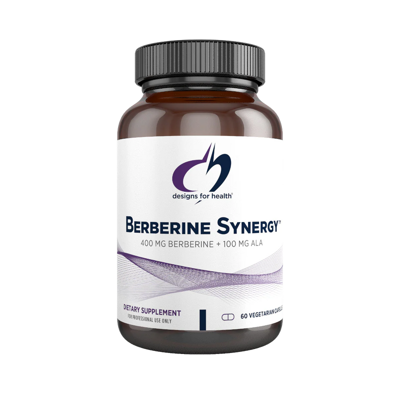 Image of white supplement bottle that says designs for health Berberine Synergy 400mg berberine+100mg ALA