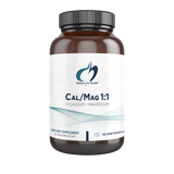 Image of a white supplement bottle that says, deisgns for health cal/mag1:1 1:1 Calcium +Magnesium dietary supplement 180 vegetarian capsules