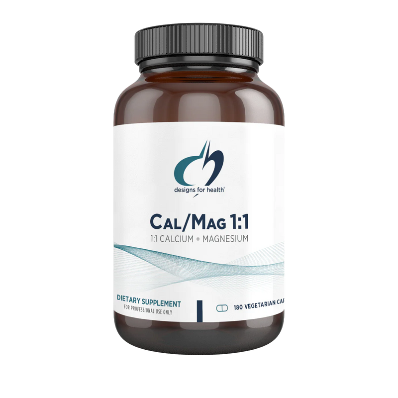 Image of a white supplement bottle that says, deisgns for health cal/mag1:1 1:1 Calcium +Magnesium dietary supplement 180 vegetarian capsules