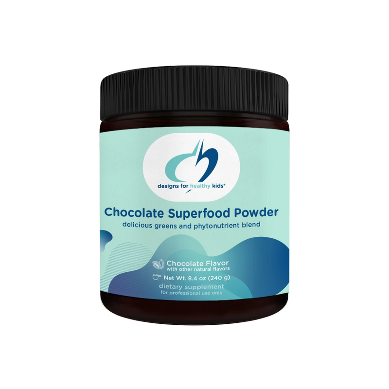 A Supplement container with the name Chocolate Superfood Powder by Designs for Health.