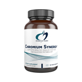 Image of a white supplement bottle that says designs for health chromium synergy supports healthy insulin function and glucose metabolism dietary suppelment 90 vege capsules