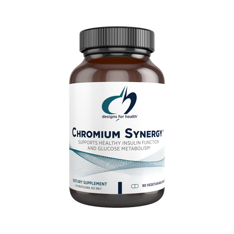 Image of a white supplement bottle that says designs for health chromium synergy supports healthy insulin function and glucose metabolism dietary suppelment 90 vege capsules