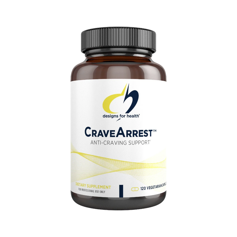 A Supplement container with the name CraveArrest by Designs for Health.