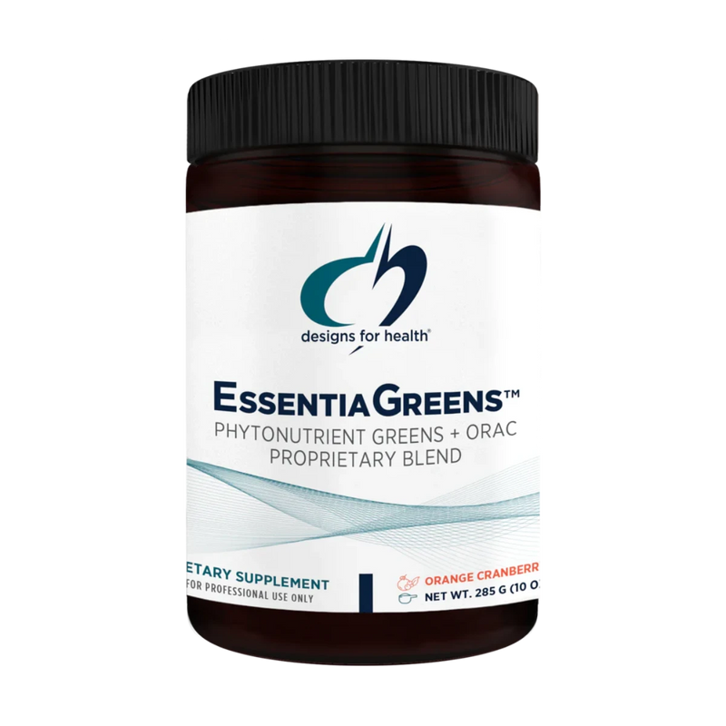 A Supplement container with the name EssentiaGreens by Designs for Health.