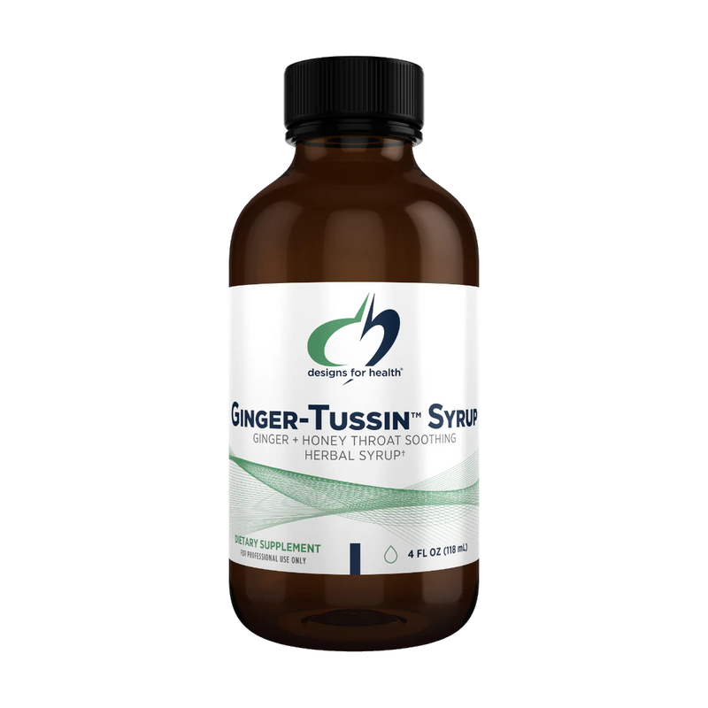 Image of a supplement bottle that says desgins for health ginger- tussin syrup ginger+honey throat soothing herbal syrup dietary supplement