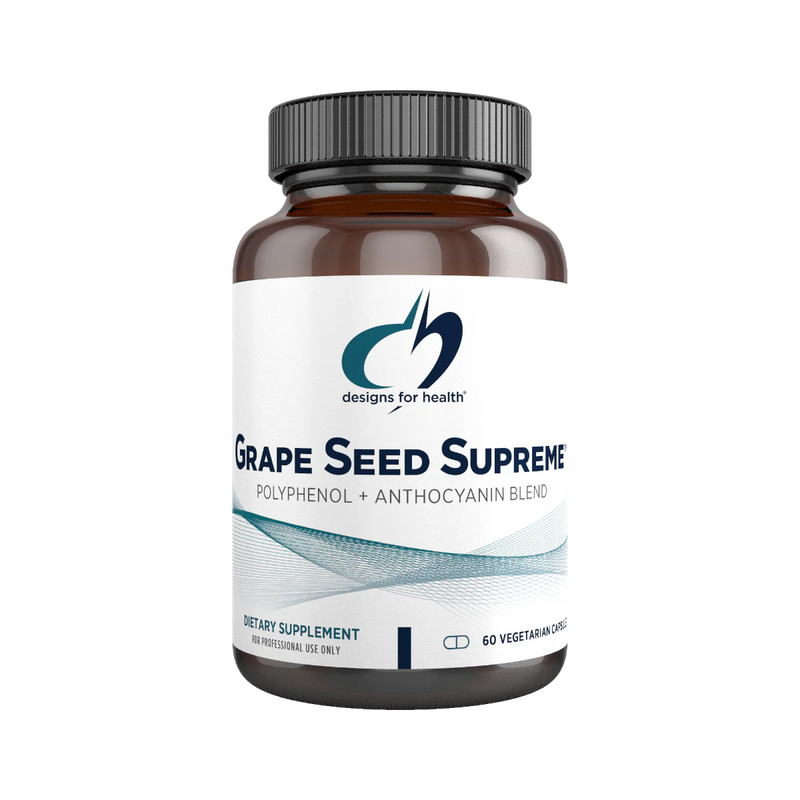 A Supplement container with the name Grape seed Supreme by Designs for Health.