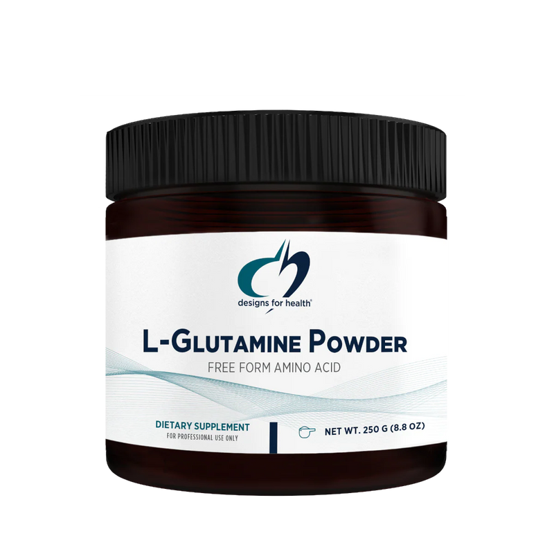 Image of a white supplement bottle that says L-Glutamine Powder Free from amino acid dietary supplement 250g