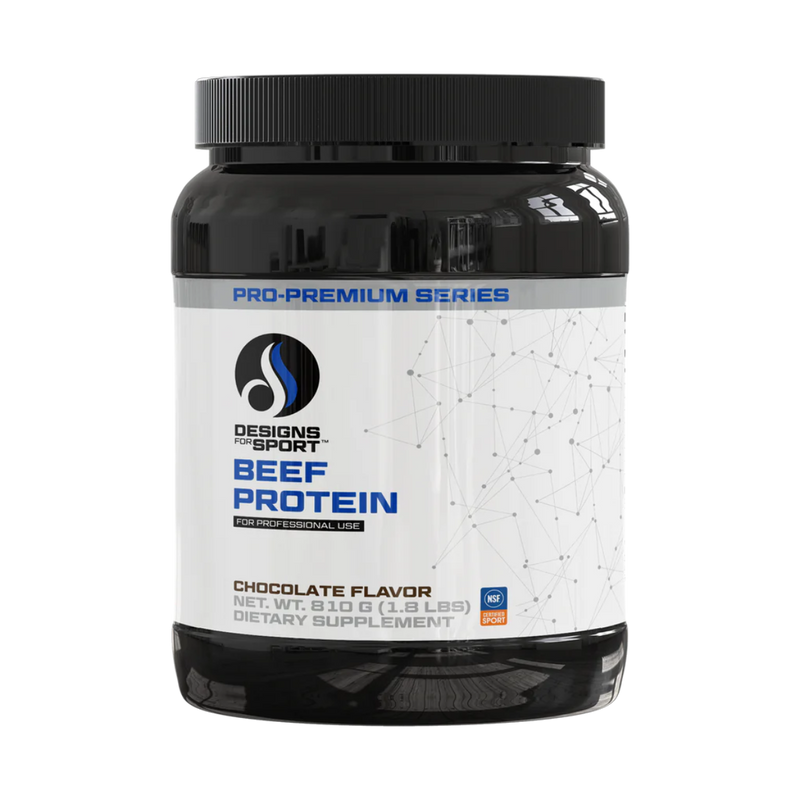 A Supplement container with the name Beef Protein (Chocolate Flavor) by Designs for Sport.