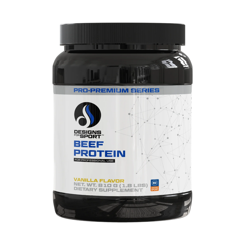 A Supplement container with the name Beef Protein (Vanilla Flavor) by Designs for Sport.