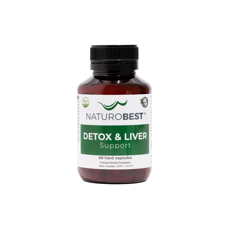 A Supplement container with the name Detox & Liver Support by Naturobest.