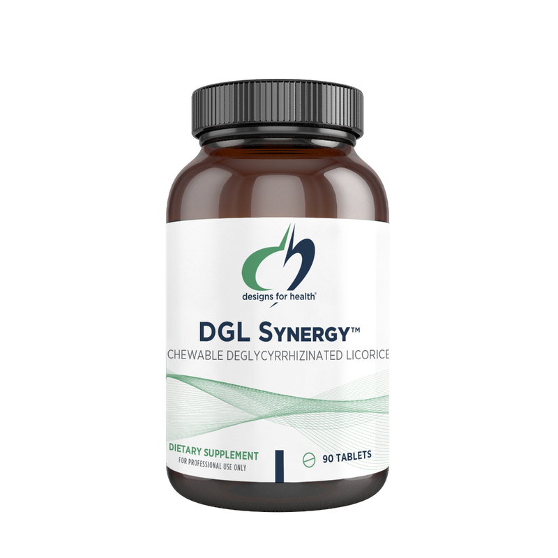 A Supplement container with the name DGL Synergy by Designs for Health.