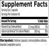 Text describing the ingredients: Vitamin D (as Cholecalciferol), Calcium (as DimaCal Di-Calcium Malate), cellulose (capsule), microcrystalline cellulose, stearates (vegetable source)