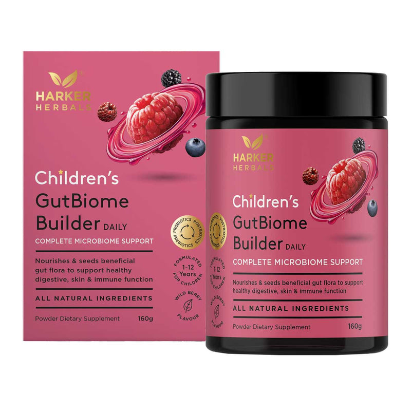 Image of Harker Herbals pink box package  children's Gutbiome builder daily complete microbimome support nourishes and seeds benefical gut flora to support healthy digestive skin and immune function all natural ingredients powder dietary supplement 160g