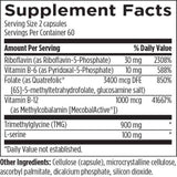 Text describing the ingredients: Riboflavin, Vitamin B-6, Folate, Vitamin B-12, Trimethylglycine,  L-serine.
Cellulose (capsule), microcrystalline cellulose, acorbyl palmitate, dicalcium phosphate, silicon dioxide
