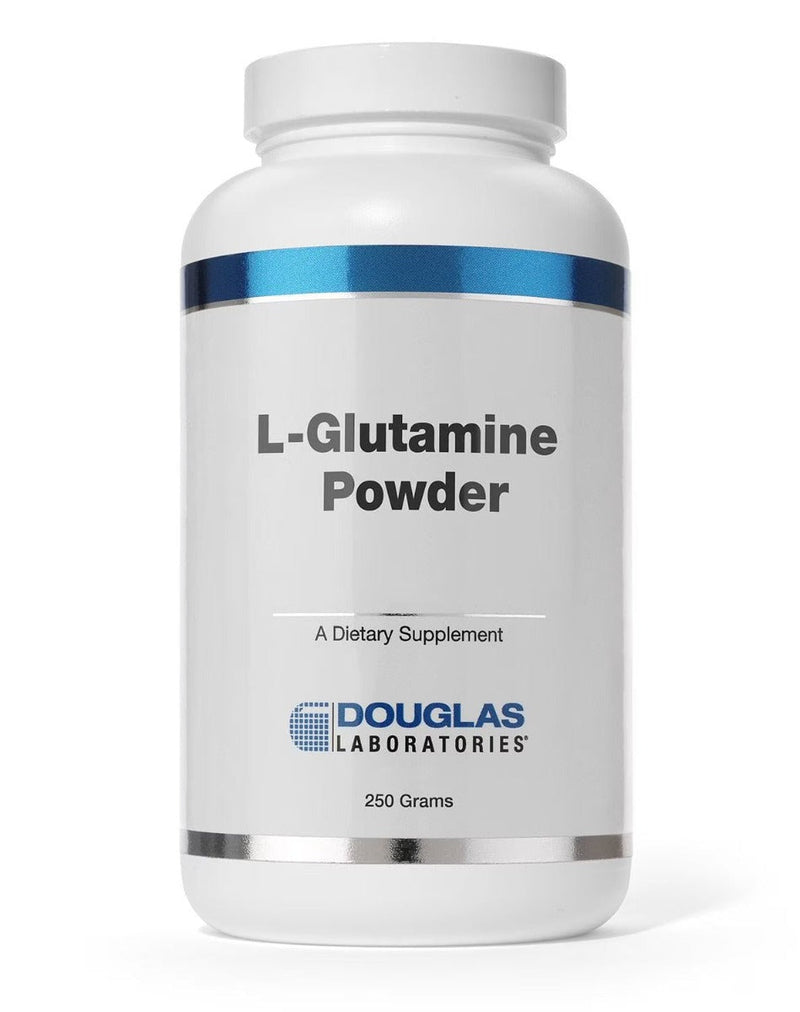 A Supplement container with the name L-Glutamine Powder by Douglas Laboratories.