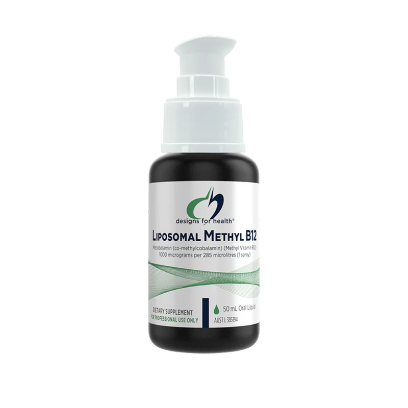 A white suppelment bottle that says designs for health liposomal methyl b12 50ml oral liquid