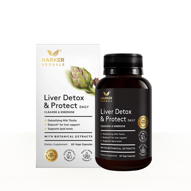 Image of a white supplement box package which says harker herbals liver detox and protect daily cleanse and energise detoxifying milk thistle robuvit for liver support supports lipid levels with botanical extracts dietary supplement 60 vege capsules