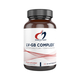 A bottle of LV-GB Complex supplement by Designs for Health, which is intended to support liver and gallbladder function - toxin elimination. The bottle is dark and has a label that is primarily white and red with text and branding.