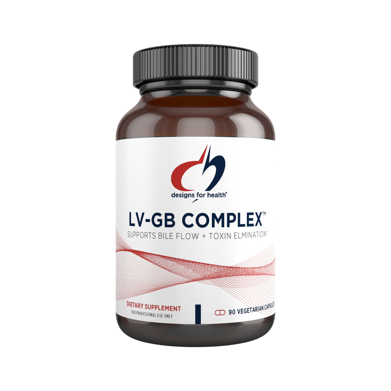 A bottle of LV-GB Complex supplement by Designs for Health, which is intended to support liver and gallbladder function - toxin elimination. The bottle is dark and has a label that is primarily white and red with text and branding.