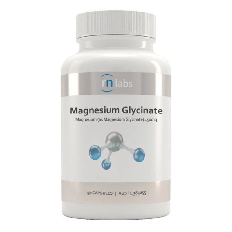 Image of a white supplement bottle that says rn labs magnesium glycinate magnesium (as magnesium glycinate) 150 mg 90 capsules