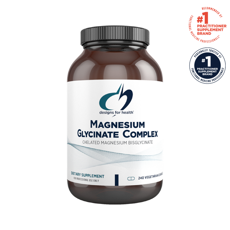 A Supplement container with the name Magnesium Glycinate Complex by Designs for Health. 240 vegetarian capsules