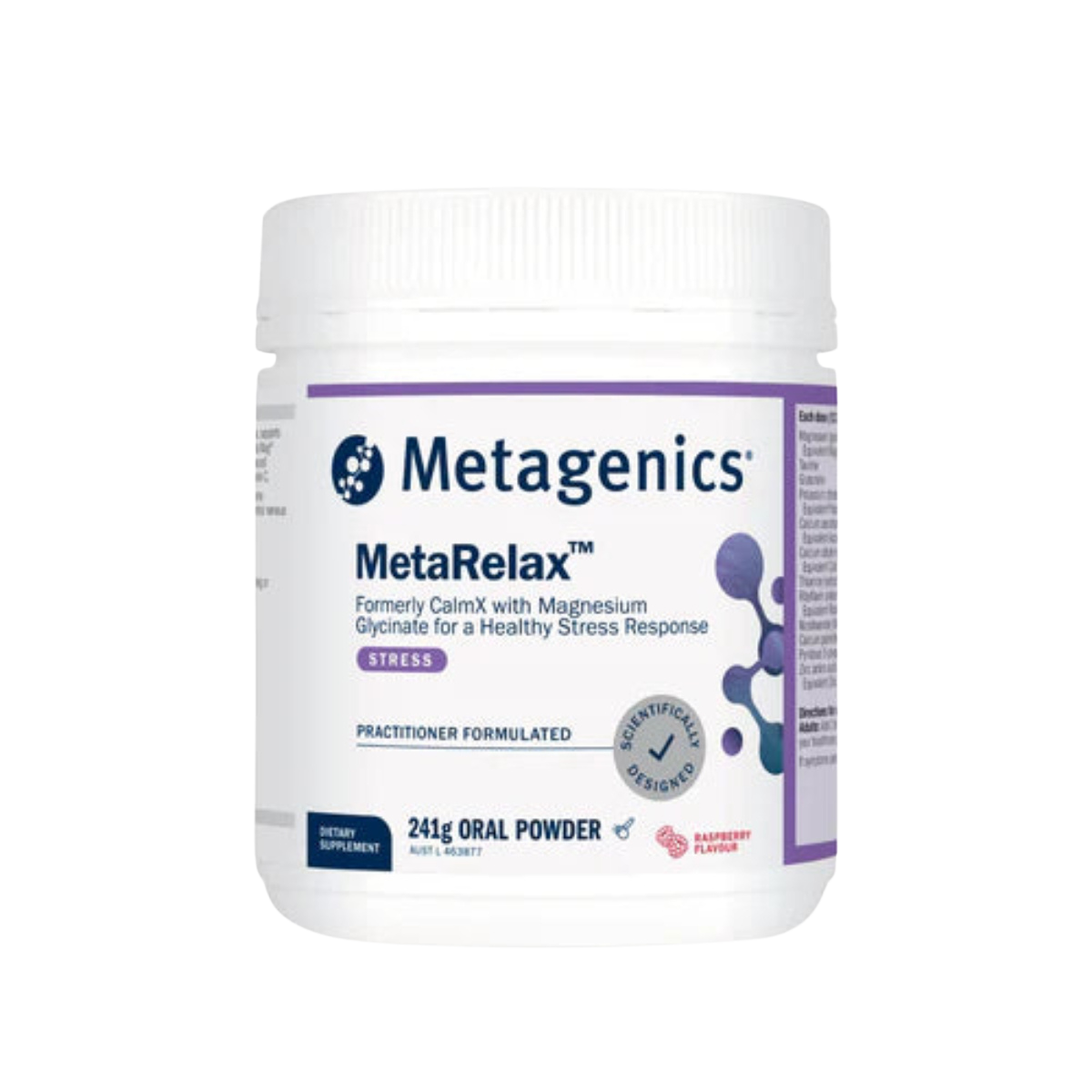 A Supplement container with the name MetaRelax Raspberry 241g (formerly CalmX) by Metagenics.