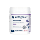 A Supplement container with the name MetaRelax  Raspberry 241g (formerly CalmX) by Metagenics.
