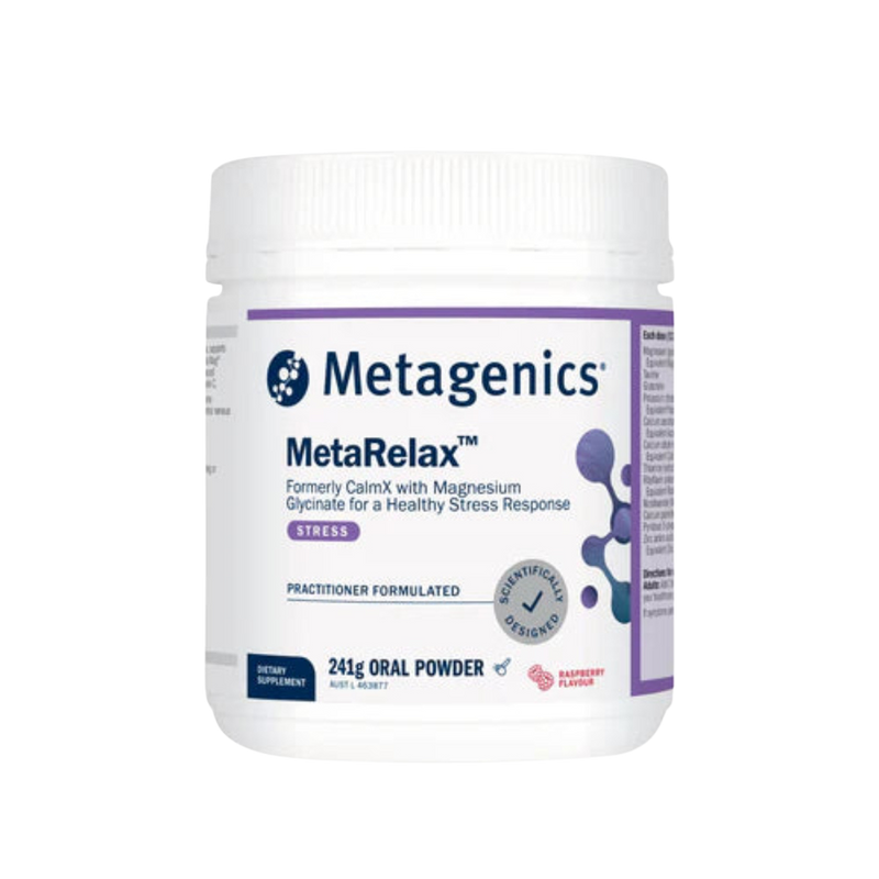 A Supplement container with the name MetaRelax  Raspberry 241g (formerly CalmX) by Metagenics.