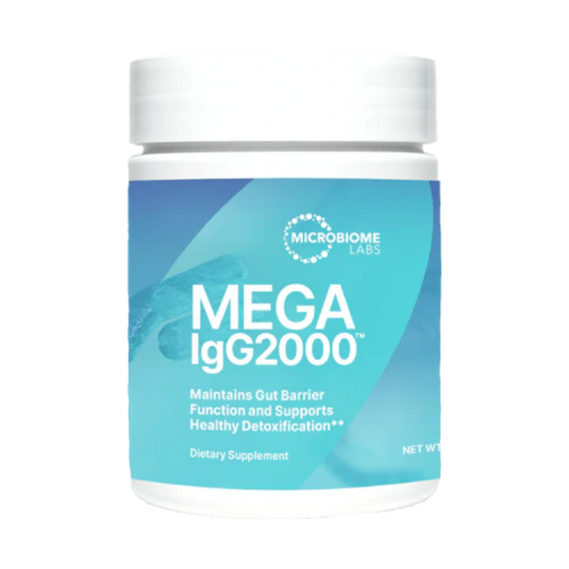 A Supplement container with the name Mega IgG2000 powder by Microbiome Labs.