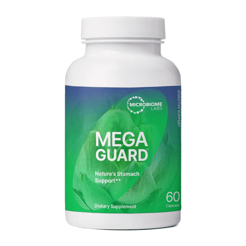 A Supplement container with the name Mega Guard by Microbiome Labs.