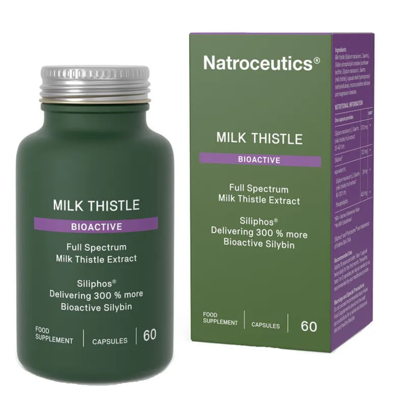 image of a green bottle that says milk thistle bioactive full spectrum milk thistle extract siliphos delivering 300% more bioactive silybin food supplement capsules 60