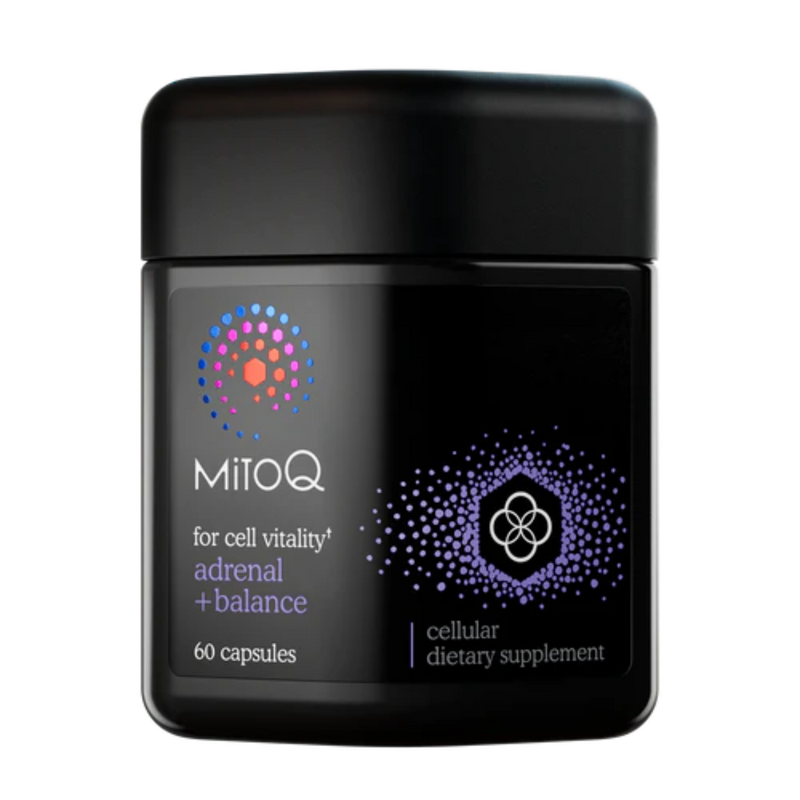 A Supplement container with the name Adrenal +  balance by MitoQ