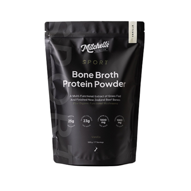 A Supplement Pouch with the name Bone Broth Protein Powder  Vanilla (SPORT) by Mitchell's Nutrition.