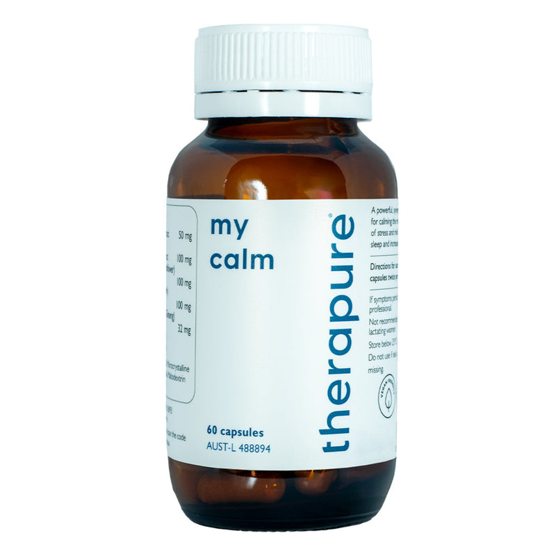 A Supplement container with the name My Calm by therapure.