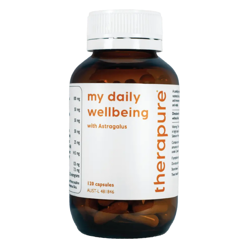 A Supplement bottle with the name my daily wellbeing by therapure.