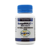 A Supplement container with the name BergaMALE + Men's Health natural performance plus by BergaMet Pro.