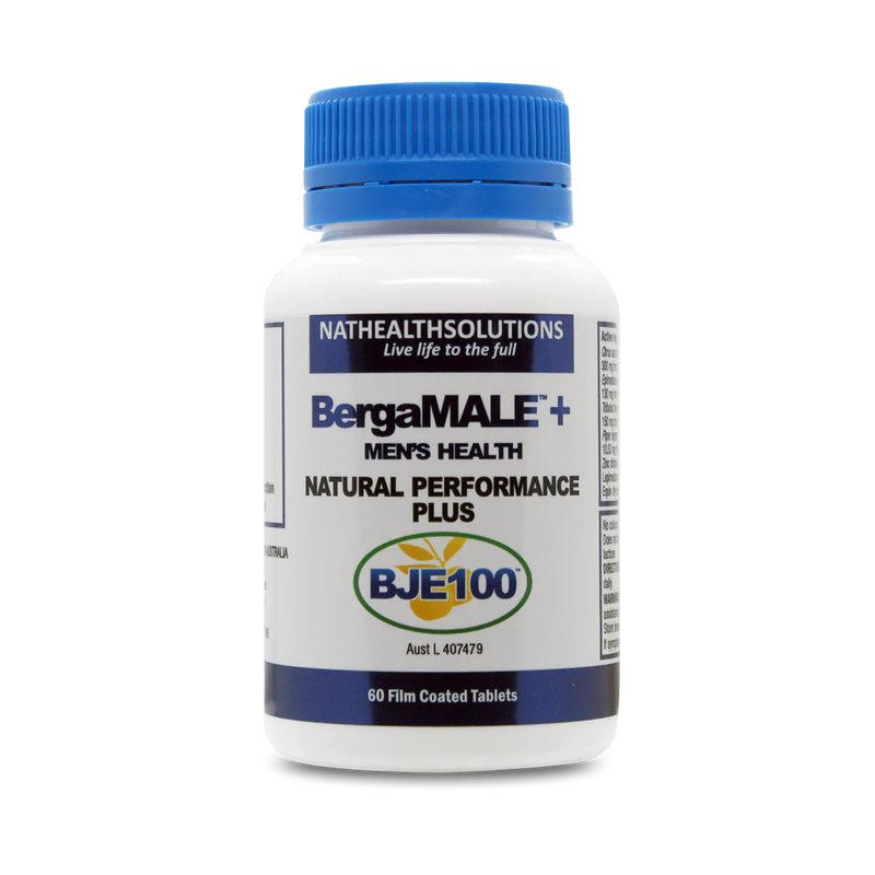 A Supplement container with the name BergaMALE + Men's Health natural performance plus by BergaMet Pro.
