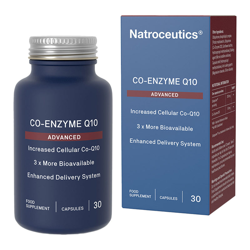An image of a bue bottle that says Co- enzyme q10 advanced increased cellular co- q 10 3x more bioavailable enhanced delivery system 30 capsules