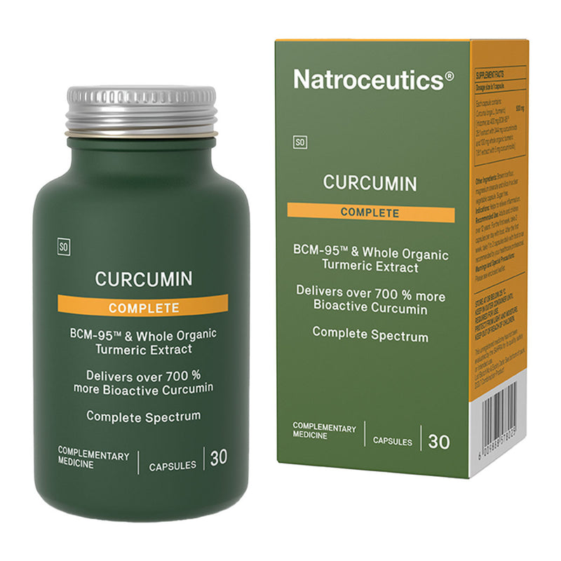 An image of a green bottle that says curcumin complete bcm-95 &whole organic turmeri extract delivers over 700% more bioactive curcumin complete spectrum complementary medicine 30 capsules