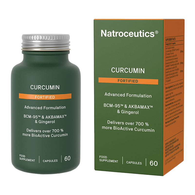 An image of a green bottle that says curcumin fortified advanced formulation bcm-95 and AKBAMAX and gingerol delivers over 700% more bioactive curcumin food supplement 60capsules