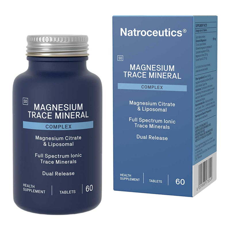 Image of blue bottle that says magnesium trace mineral complex magnesium citrate and liposomal full spectrum ionic trace minerals dual release health supplement 60 tablets