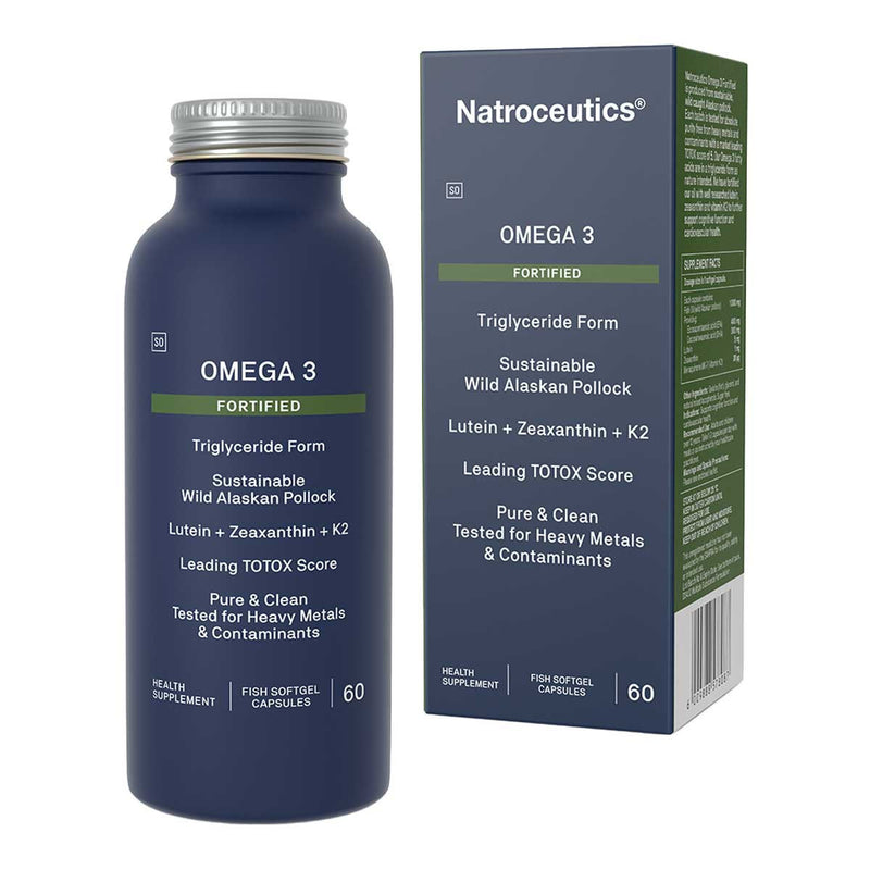 An image of a blue bottle that says omea 3 fortified triglyceride form sustainable wild alaskan pollocklutein + zeaxanthin +K2 leading TOTOX score pure and clean tested for heavy metals and contaminants health supplement fish softgel capsuls 60