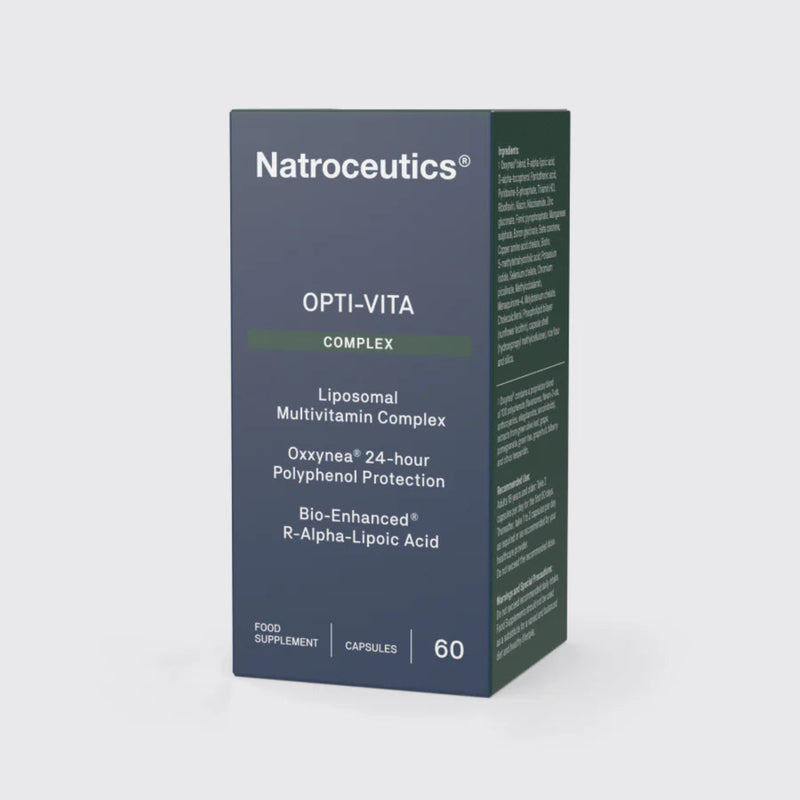 And image of a blue box that says Natroceutics OPTI-VITA complex liposomal Multivitamin complex Oxxynea 24 hour polyphenol protection bio-enhanced r- Alpha lipoic acid 60 caps