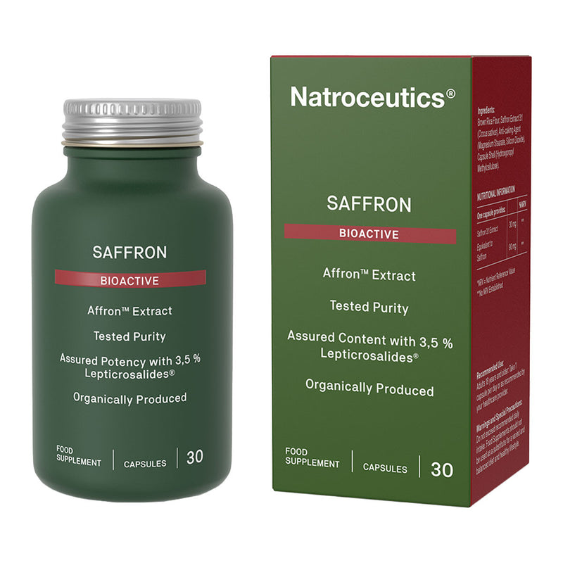 Image of a green bottle that says saffron bioactive affron extract tested purity assured potency with 3,5% lepticrosalides organically produced food supplment 30 capsules