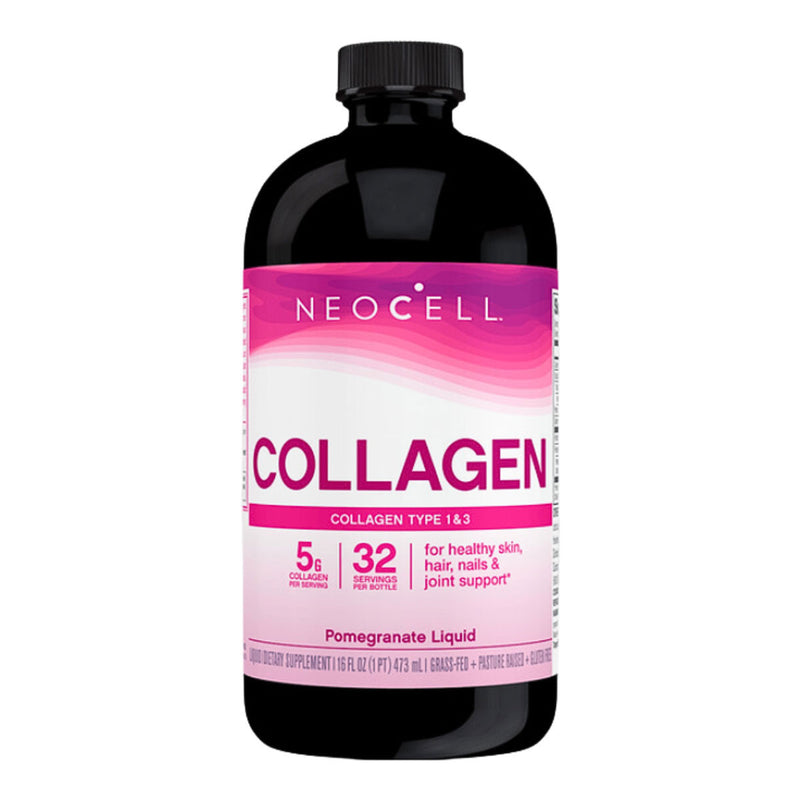 Image of black supplement bottle that says neocell collagen collagen type 1 and 2 5 collagen per serving 32 servings per bottle for healthy skin, hair, nails and joint support pomegranate liquid
