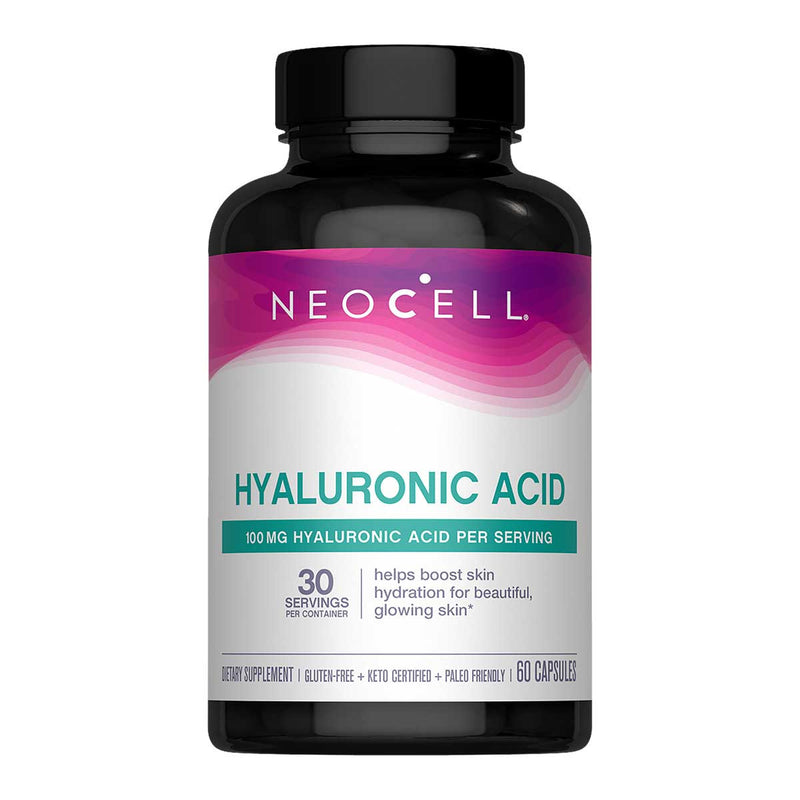 Image of a black supplement bottle that says NeoCell Hyaluronic Acid 100MG hyaluronic acid per serving 30 servings per container helps boost skin hydration for beautiful glowing skin dietary supplement gluten free, keto certified, palo friendly 60 capsules