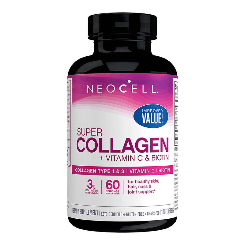 Image of a black supplement bottle that says neocell super collagen + vitsmin C and biotin collagen type 1 and 3 vitamin C biotin. 3g collagen 60 servings per container for healthy skin hair, nails and joint support. Dietary supplement keto certified+ gluten-free + grass fed 180 Tablets