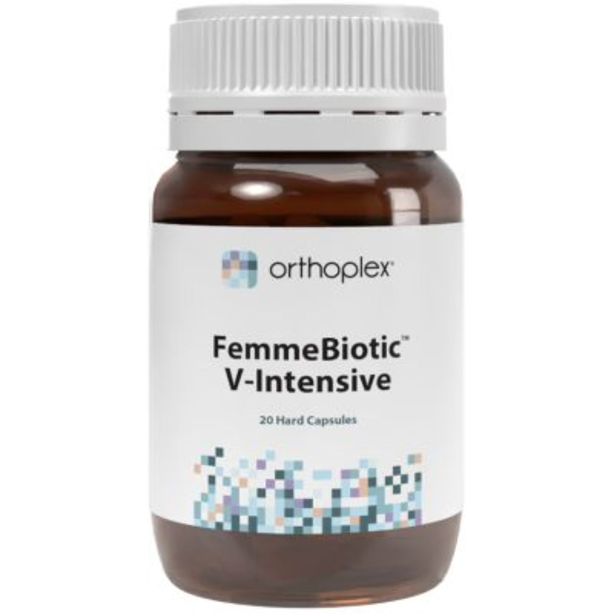 A Supplement container with the name FemmeBiotic V-Intensive by Orthoplex White